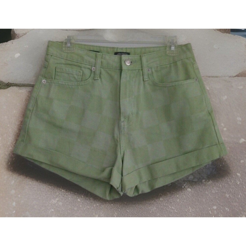 Y2K 90 Wild Fable Women Mom Jean Shorts Green Check Denim Sz4/27 Super High Rise